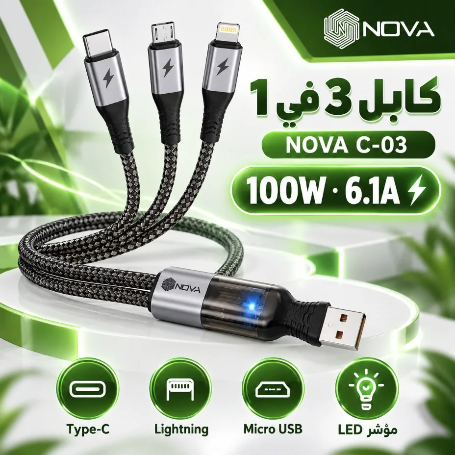 كابل NOVA C-03 — 3 في 1 بقوة 100W