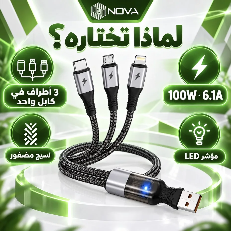 كابل NOVA C-03 — 3 في 1 بقوة 100W