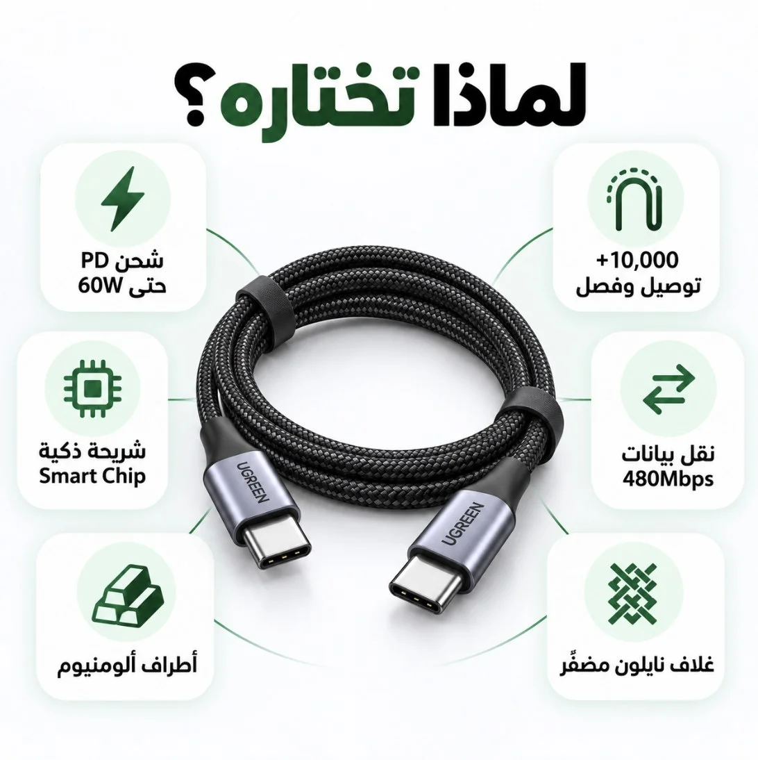 مميزات كابل UGREEN USB-C 60W