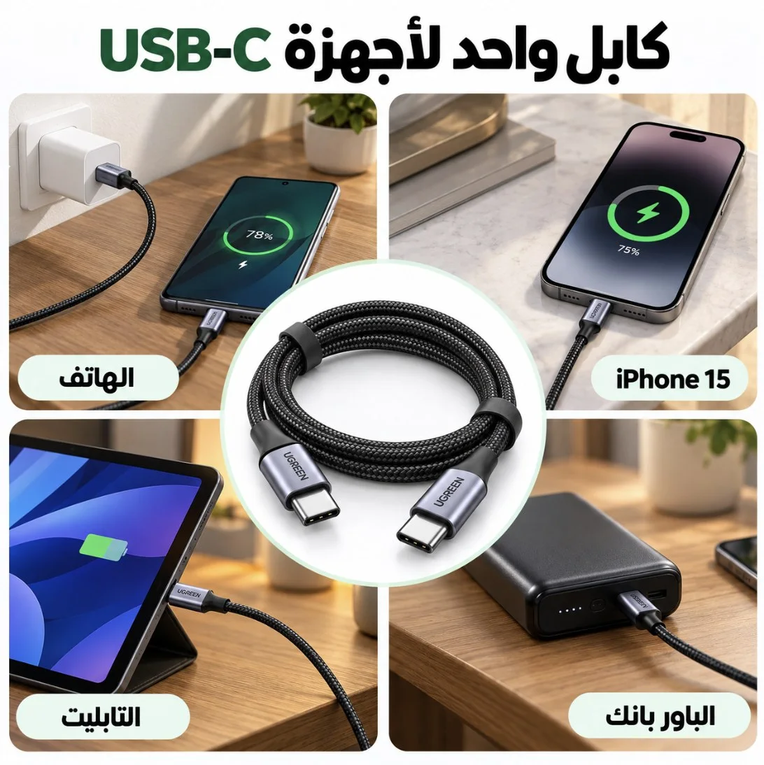 استعمالات كابل UGREEN USB-C مع الهاتف والتابليت والباور بانك