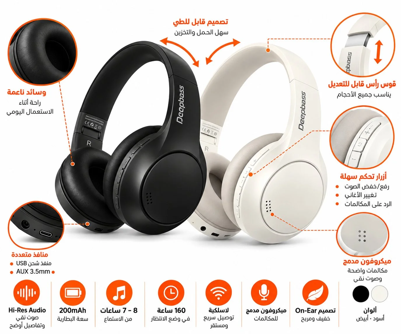 تفاصيل سماعة Deepbass R21: تصميم قابل للطي، قوس قابل للتعديل، منفذ USB و AUX 3.5mm