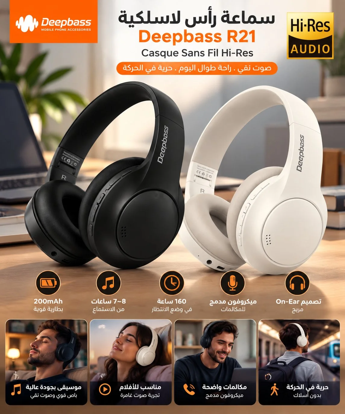 سماعة رأس لاسلكية Deepbass R21 Hi-Res Audio باللونين الأسود والأبيض