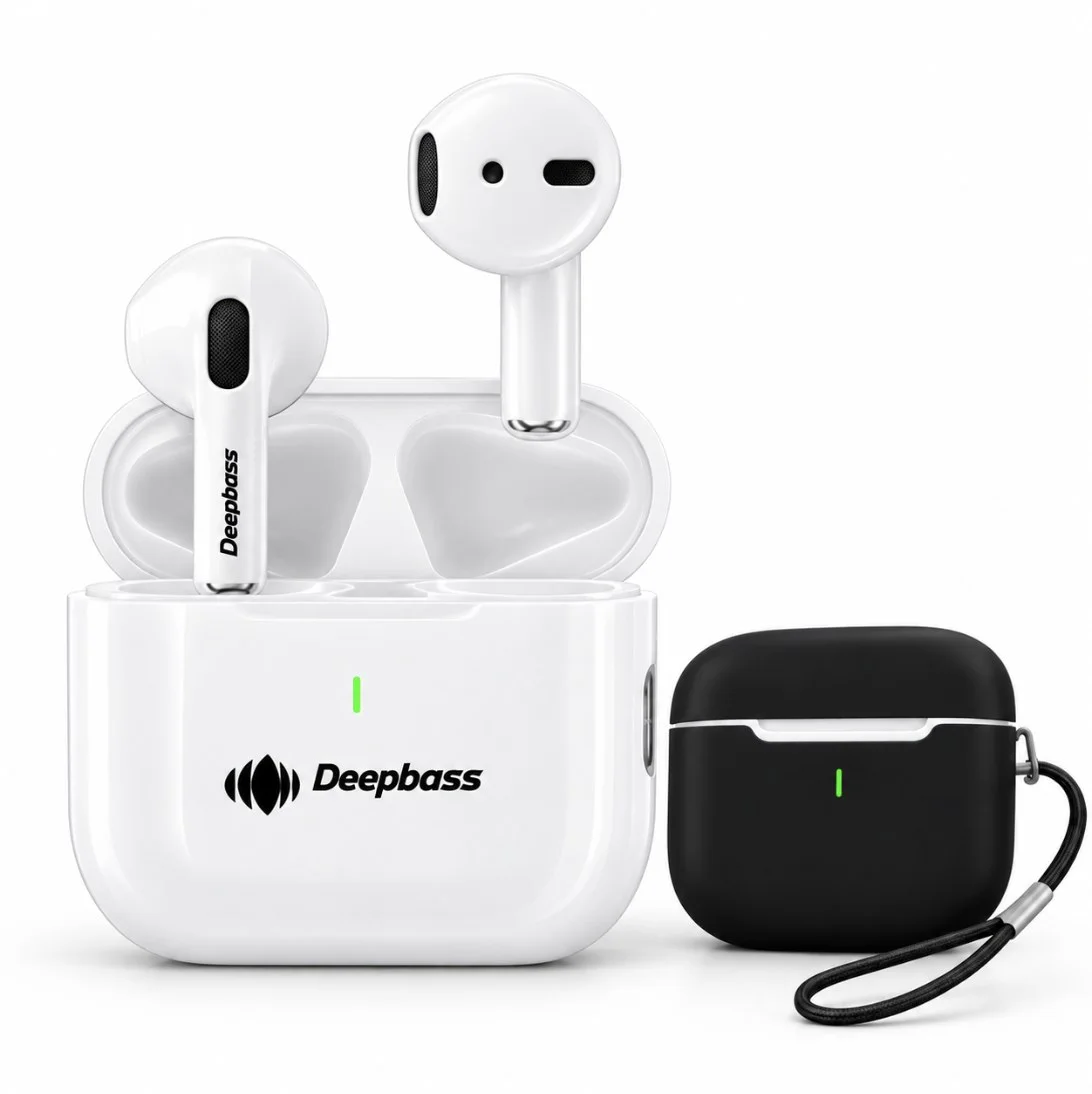 سماعات Deepbass TWS-X5 مع العلبة وغطاء الحماية على خلفية بيضاء