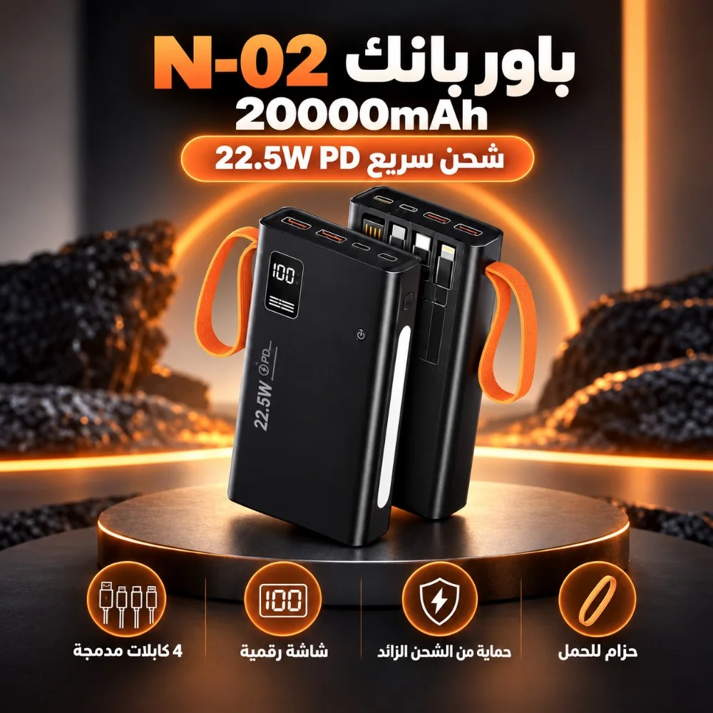 باور بانك N-02 بسعة 20000mAh وشحن 22.5W PD
