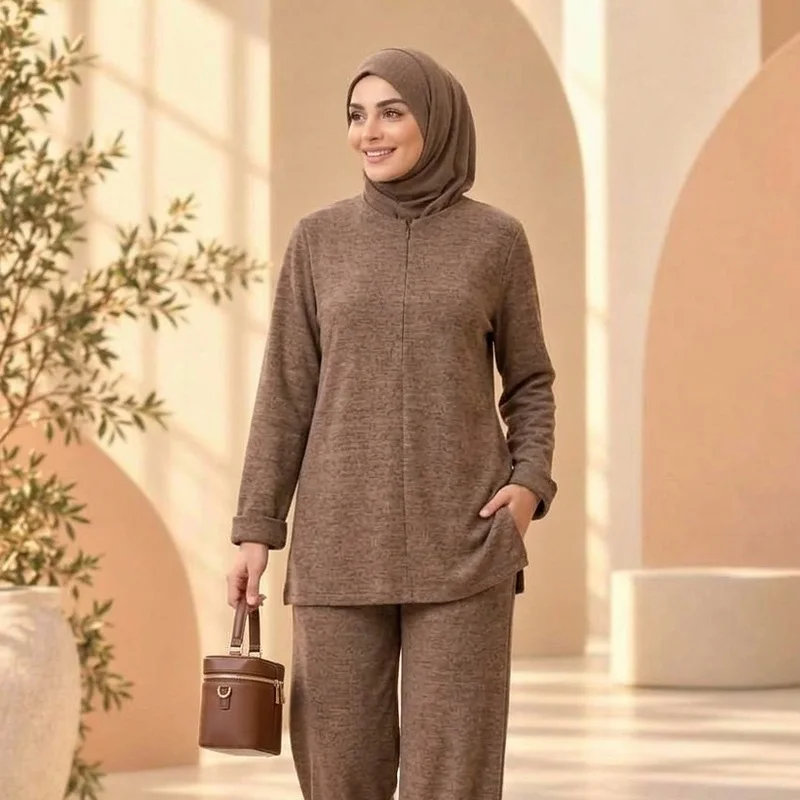 Ensemble Marron à Zip et Hijab Intégré