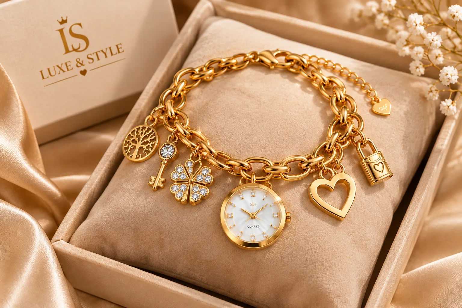 طقم إكسسوارات نسائية فاخر – ساعة أنيقة مع أساور ذهبية | LUXE & STYLE ✨