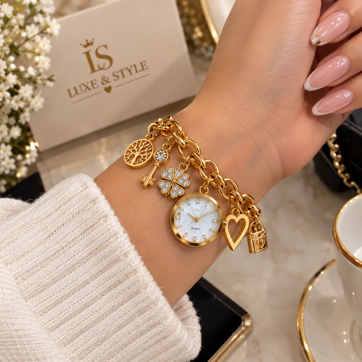 طقم إكسسوارات نسائية فاخر – ساعة أنيقة مع أساور ذهبية | LUXE & STYLE ✨