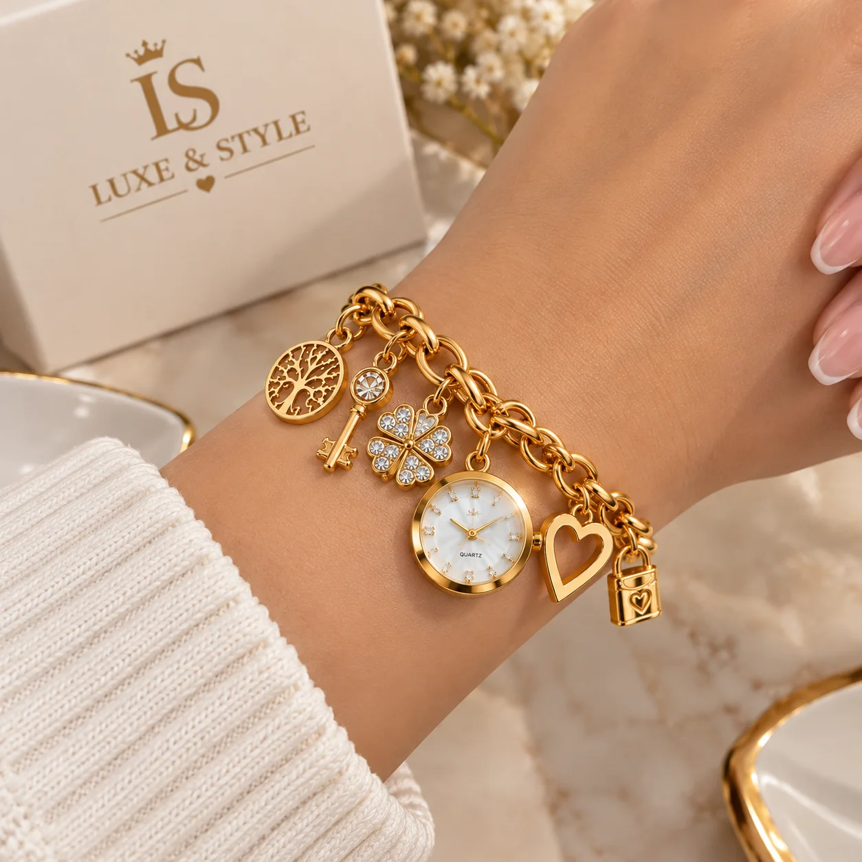 طقم إكسسوارات نسائية فاخر – ساعة أنيقة مع أساور ذهبية | LUXE & STYLE ✨