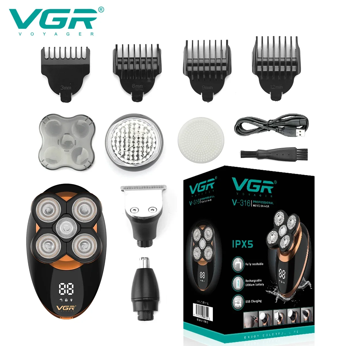 VGR V-316  5x1 ماكينة الحلاقة الكهربائية للرجال متعددة الاستعمالات مجموعة أدوات للعناية الشخصية قابل للغسل