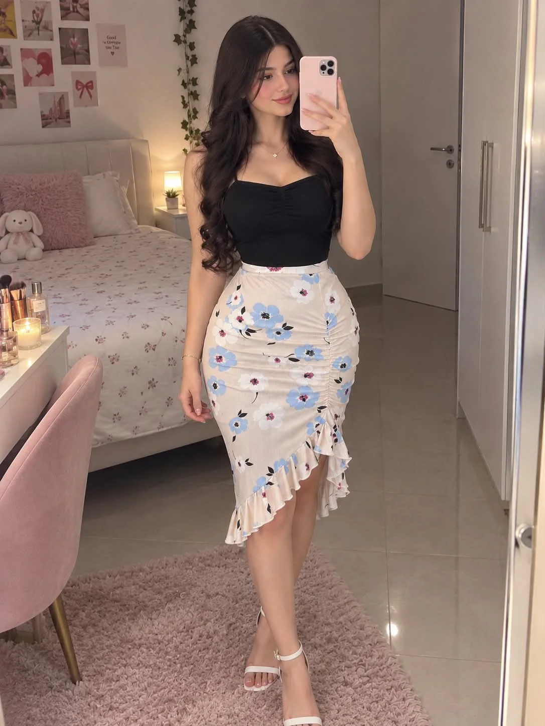 Ensemble Top Noir & Jupe Midi Fleurie à Volants