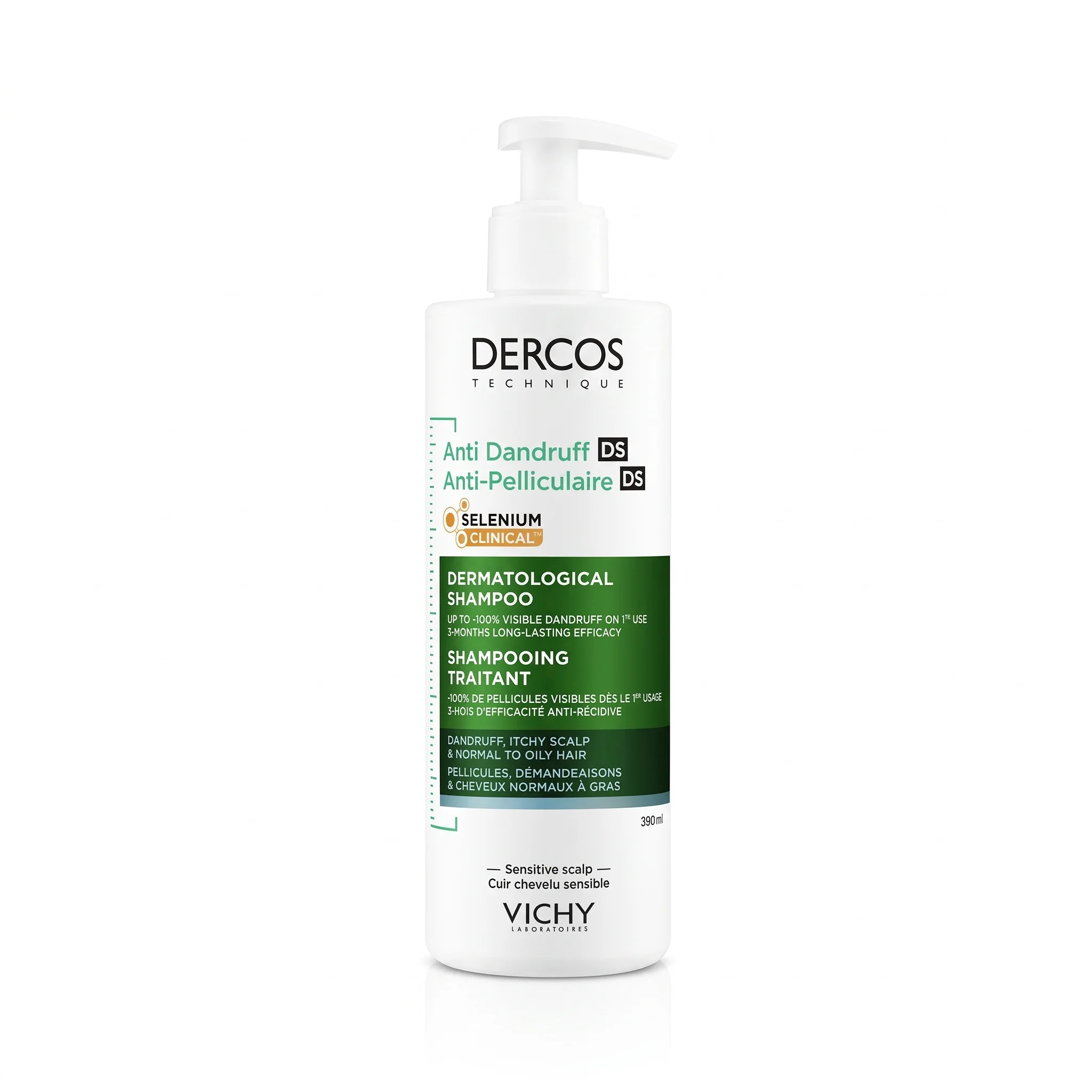 VICHY DERCOS DS – SHAMPOOING TRAITANT ANTI-PELLICULAIRE CHEVEUX NORMAUX À GRAS – 390 ML