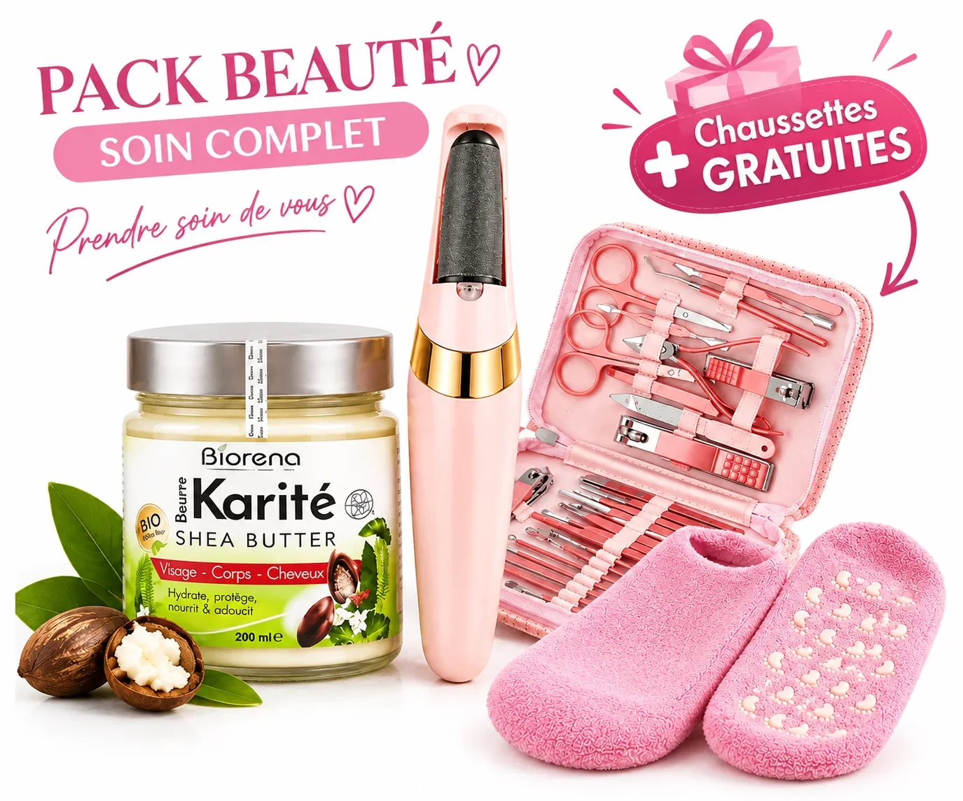 Pack Beauté et soin Beure de Karité - Cllous Remouver - Ensemble de Manucure - chaussette silicone