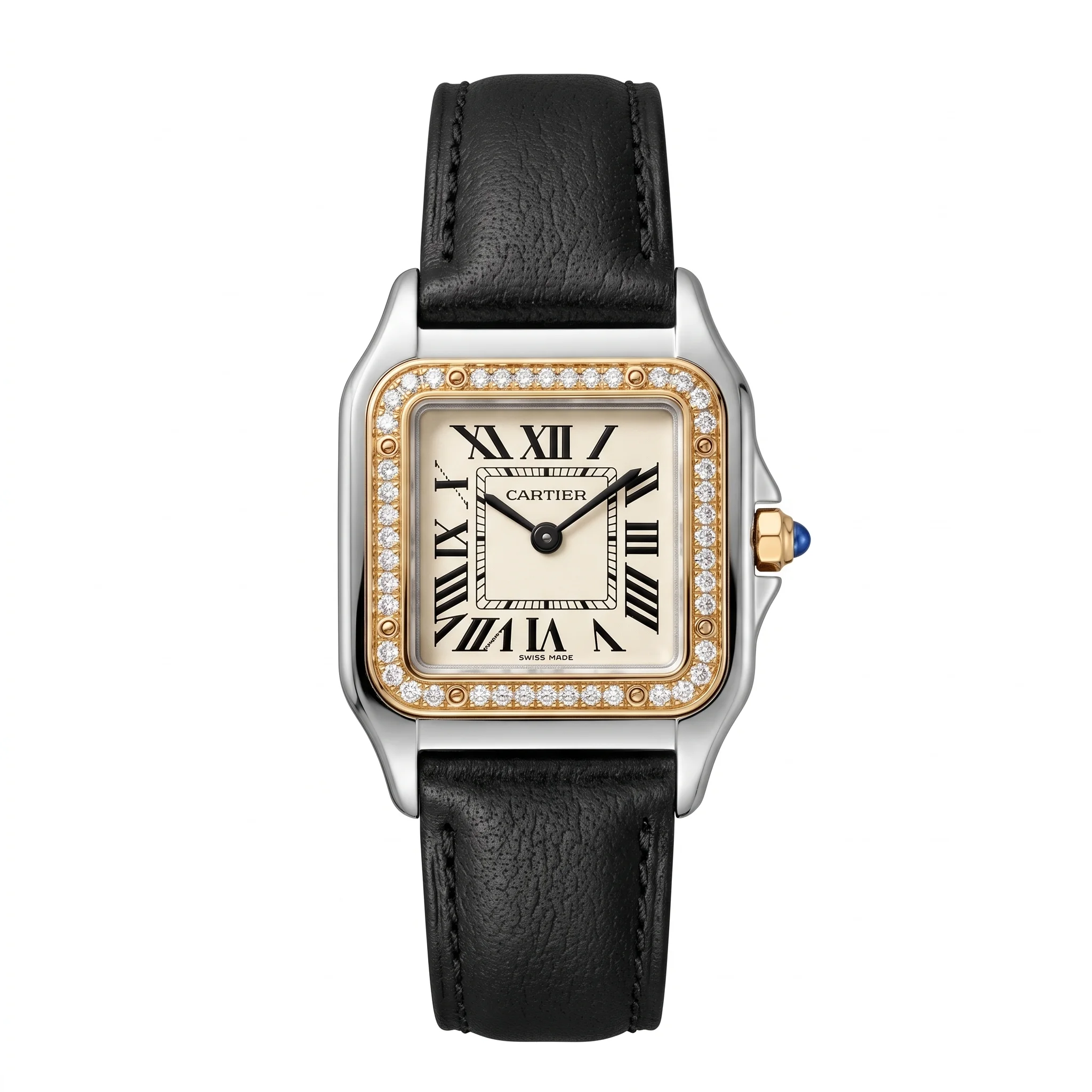 Cartier Panthère – Montre Femme en Cuir Noir avec Lunette Sertie