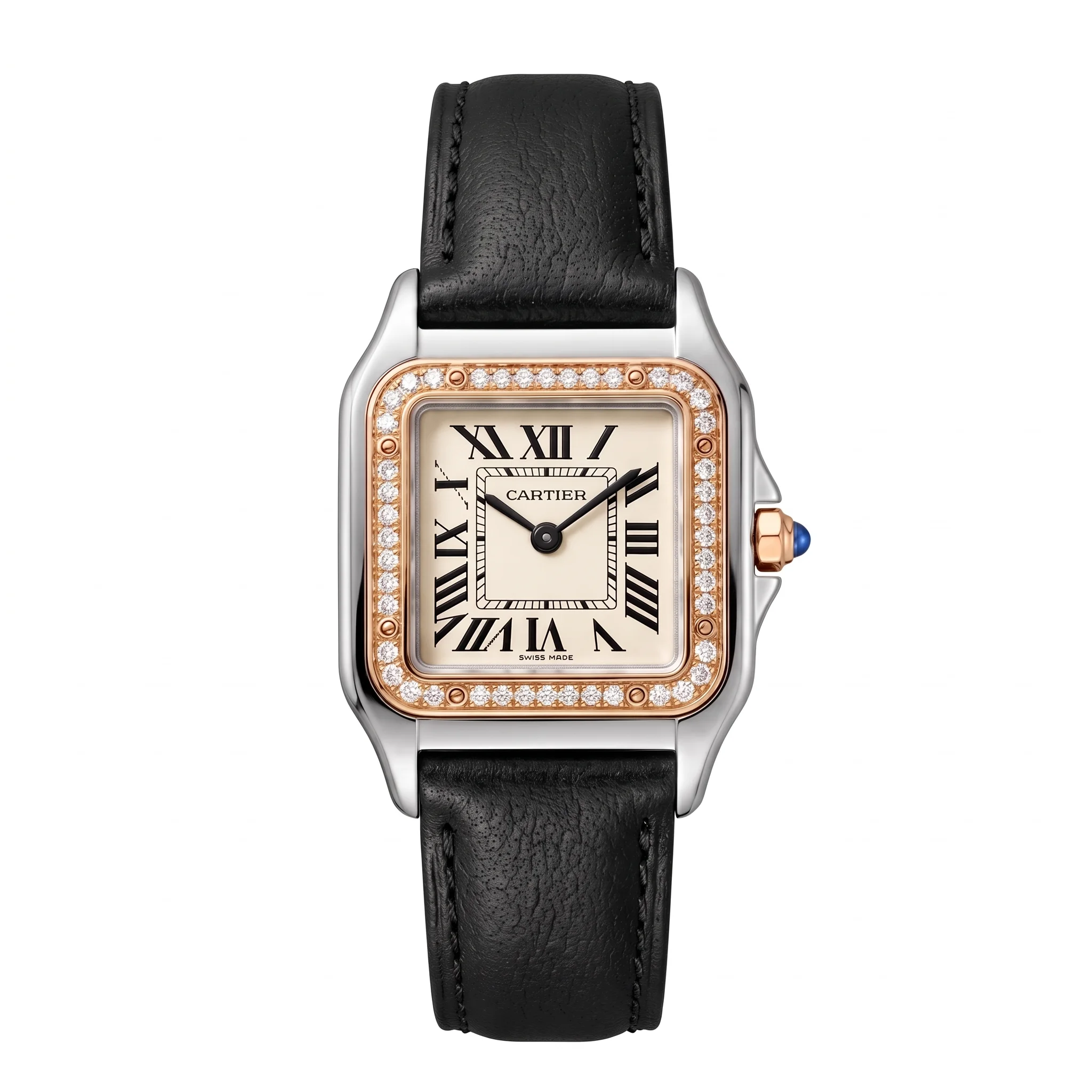 Cartier Panthère – Montre Femme en Cuir Noir avec Lunette Or Rose Sertie