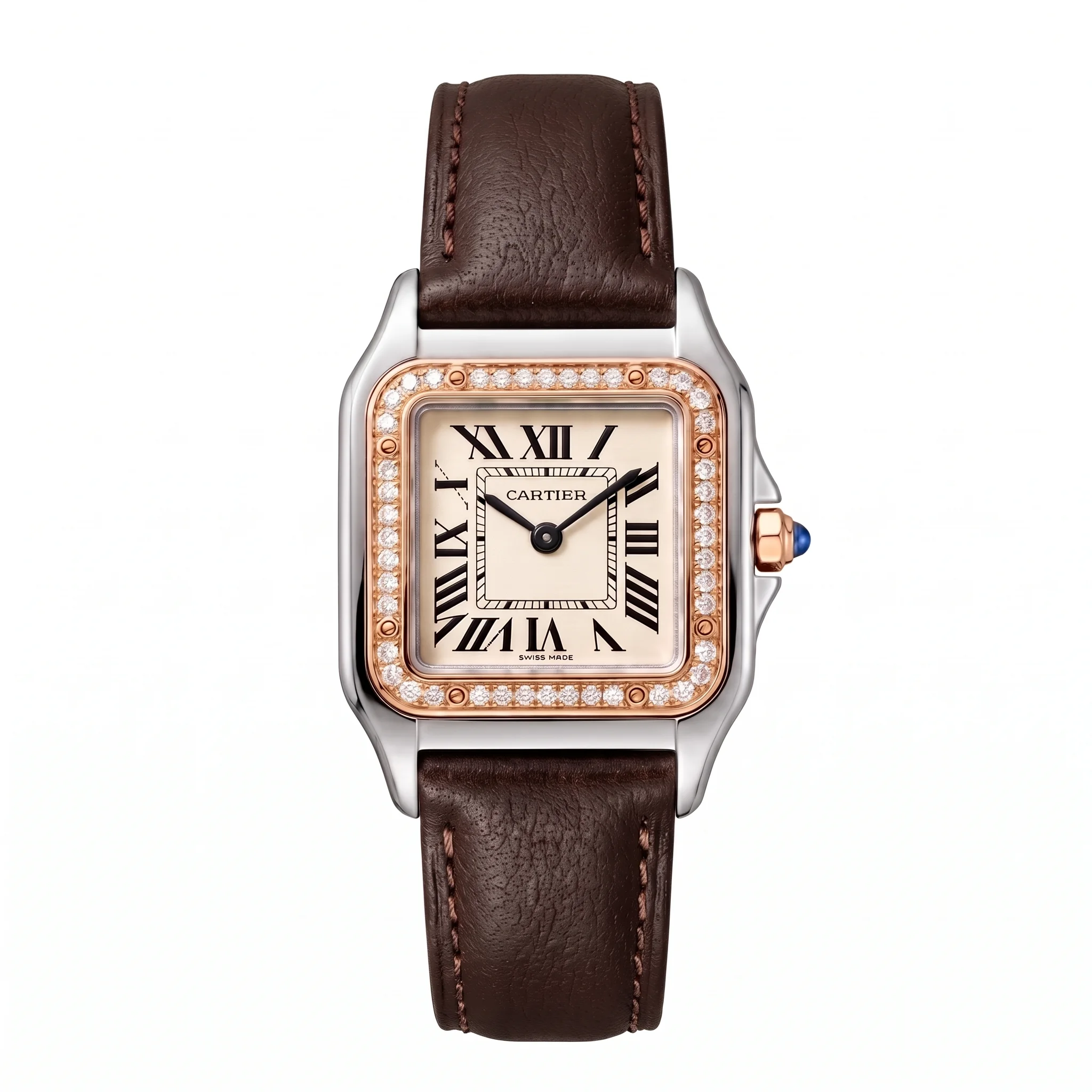 Cartier Panthère – Montre Femme en Cuir Marron avec Lunette Or Rose Sertie