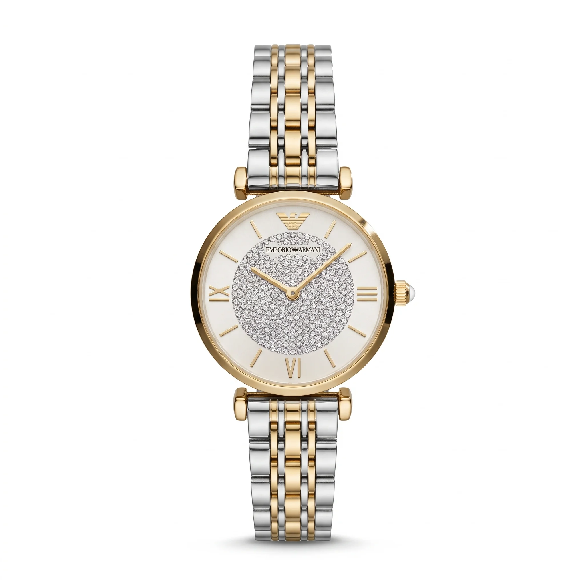 Emporio Armani Gianni T-Bar AR8031 – Montre Femme Bicolore à Cadran Blanc Cristallisé
