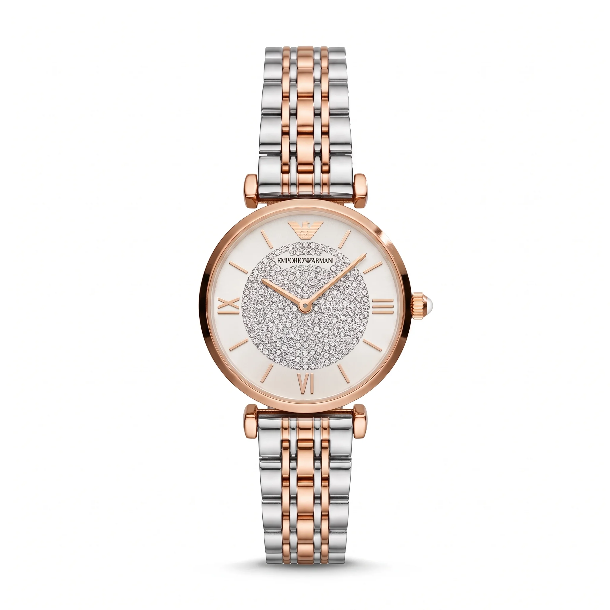 Emporio Armani Gianni T-Bar AR1926 – Montre Femme Bicolore à Cadran Blanc Cristallisé