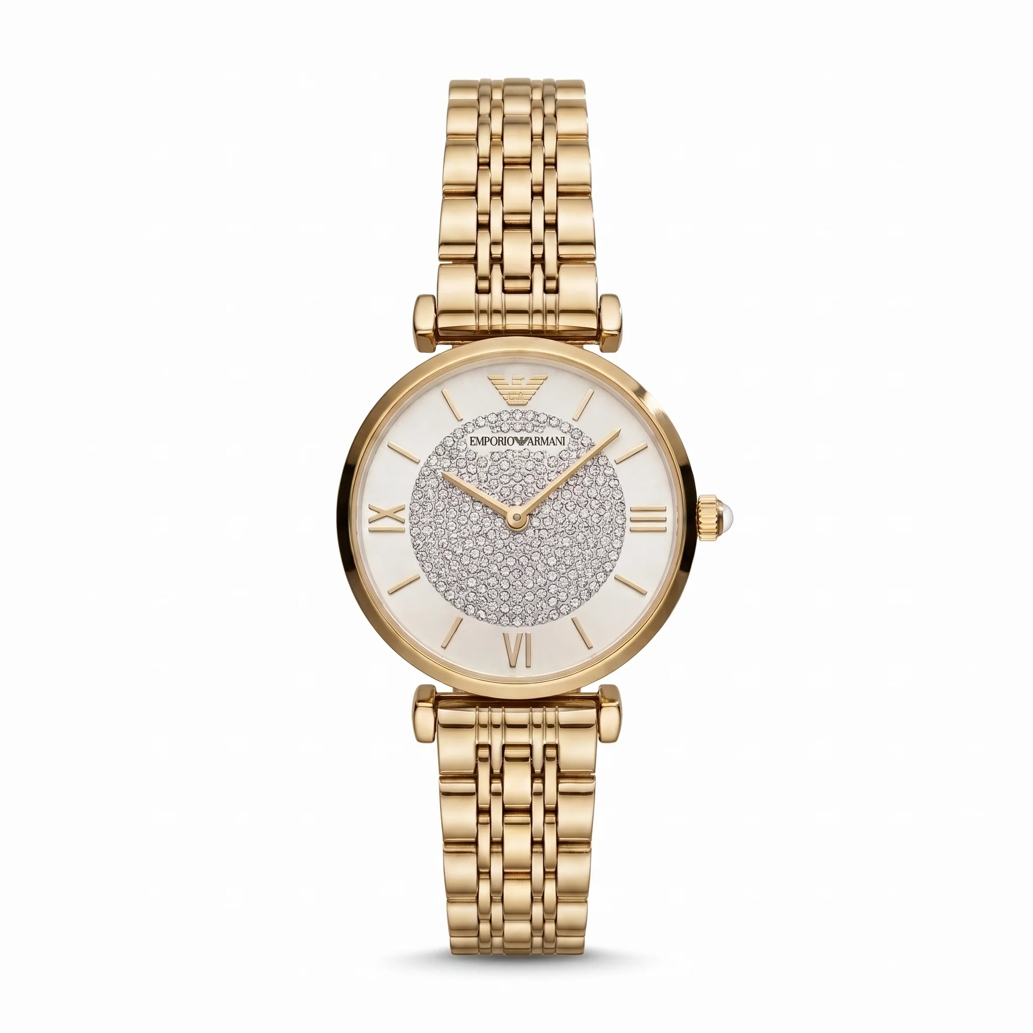 Emporio Armani Gianni T-Bar AR1908 – Montre Femme Doré à Cadran Blanc Nacré Cristallisé