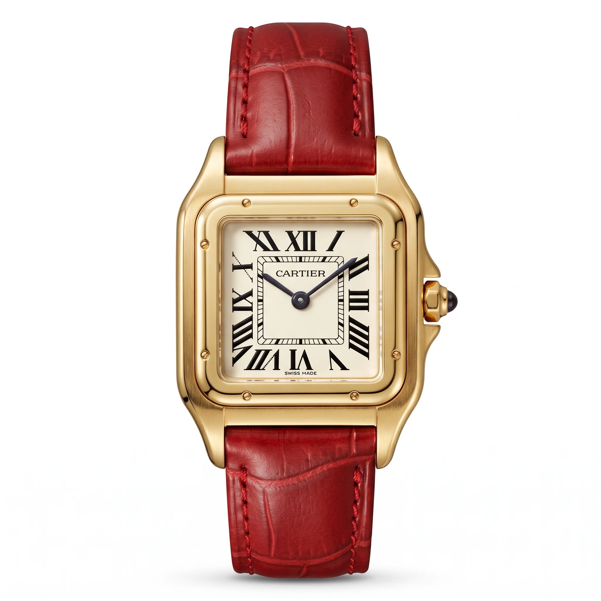 Cartier Santos-Dumont 9605 – Montre Femme Vintage avec Bracelet en Cuir Rouge
