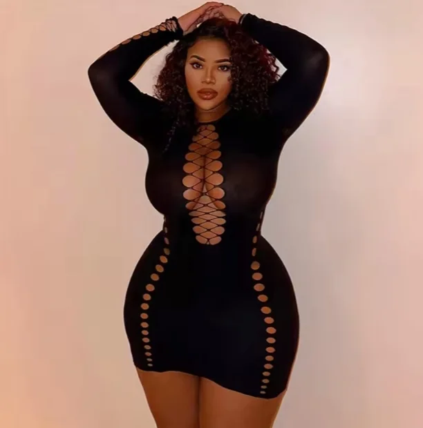 Robe résille à manches longues pour femmes Robe résille sexy Hollow Out Club Silk Stockings Dress Sexy Hollow Out Fishnet Stockings dress