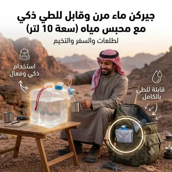جيركن ماء مرن وقابل للطي ذكي مع محبس مياه (سعة 10 لتر).لطلعات والسفر والتخيم — الصورة 6