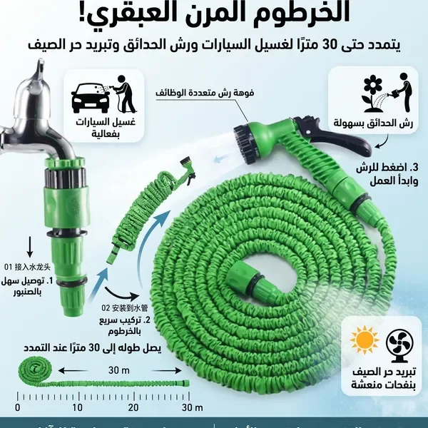 خرطوم ماء مرن ومقاوم للتآكل لغسيل السيارات ورش الحدائق وتبريد حر الصيف، قابل للتمدد ليصل طوله إلى 30 متر — الصورة 2