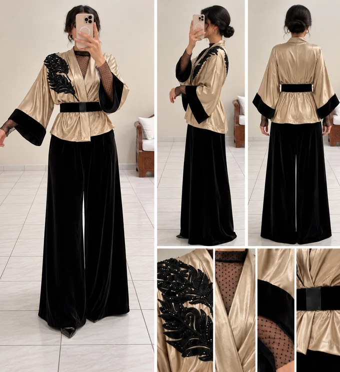 Ensemble femme dor&eacute; et noir &ndash; Top en lam&eacute; et pantalon en velours