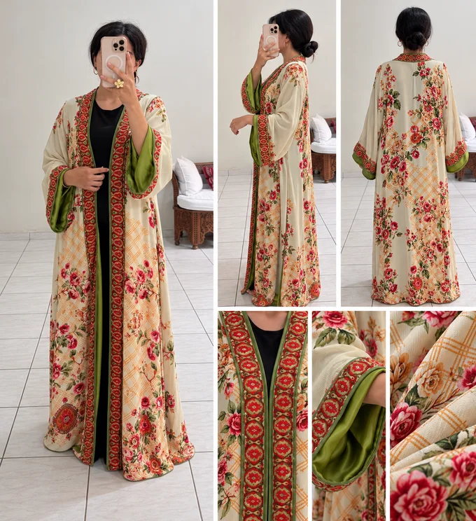 Kimono en velours de soie beige &agrave; motifs floraux &ndash; Doublure vert pistache