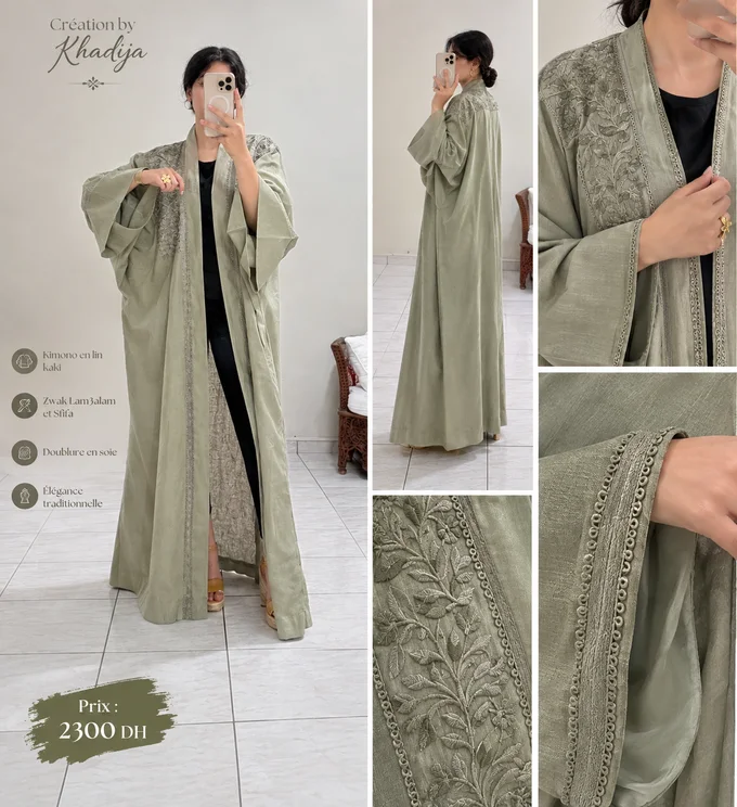 Kimono marocain en lin kaki &ndash; Zwak Lam3alam et sfifa