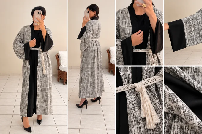 Kimono marocain gris et blanc en tissu fa&ccedil;on Chanel