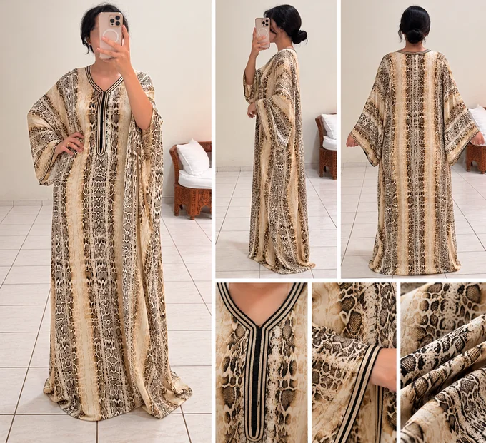 Gandoura marocaine en soie imprim&eacute;e fa&ccedil;on serpent &ndash; Travail Dziri