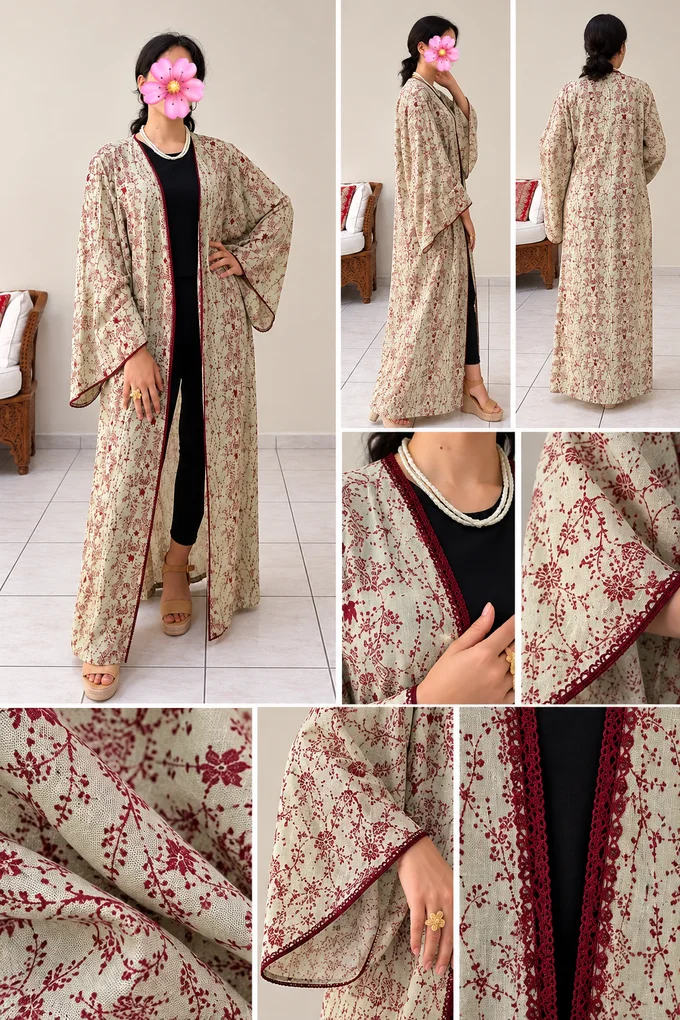 Kimono en lin vert d&rsquo;eau &agrave; motifs bordeaux &ndash; Randa