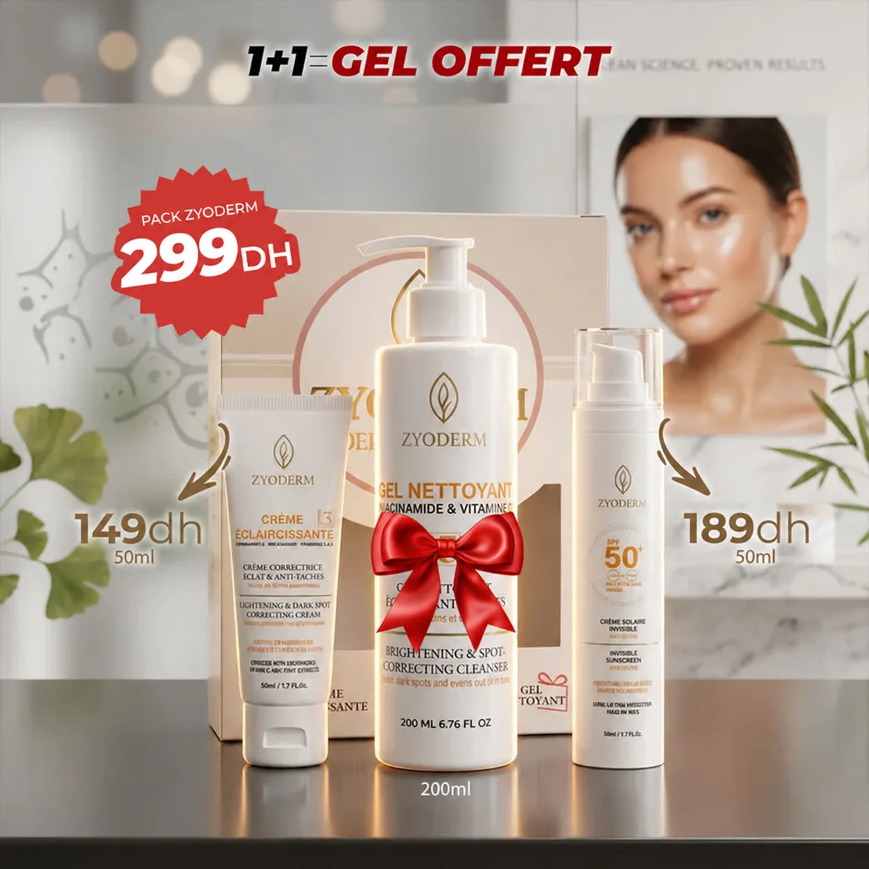 Pack Gel Nettoyant + Crème Solaire + Crème Éclaircissante