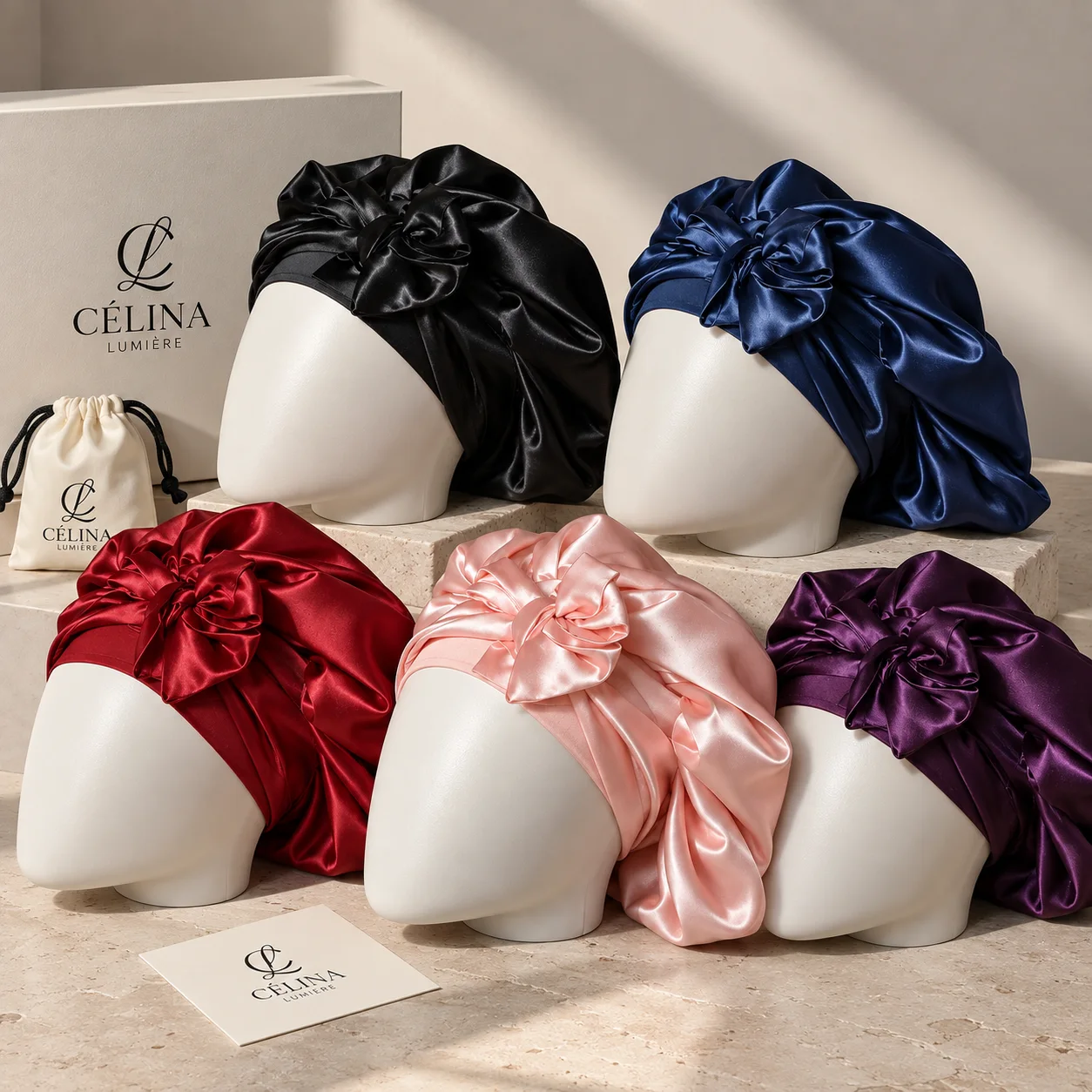 CÉLINA LUMIÈRE | Set de 5 Bonnets en satin