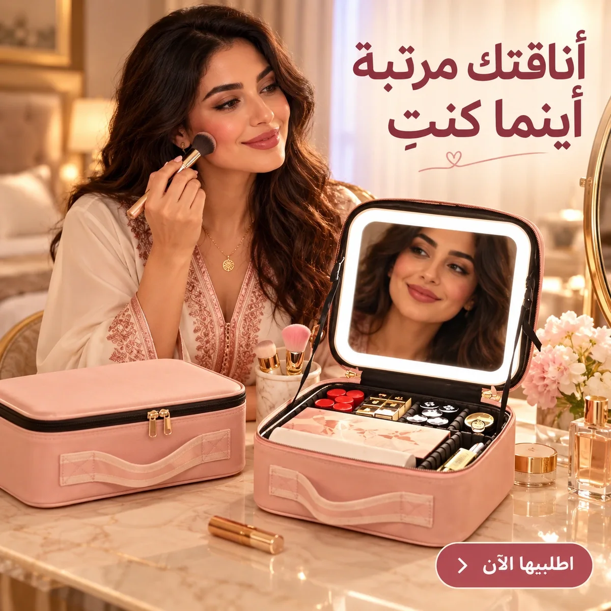 حقيبة تنظيم المكياج بمرآة مضيئة ✨