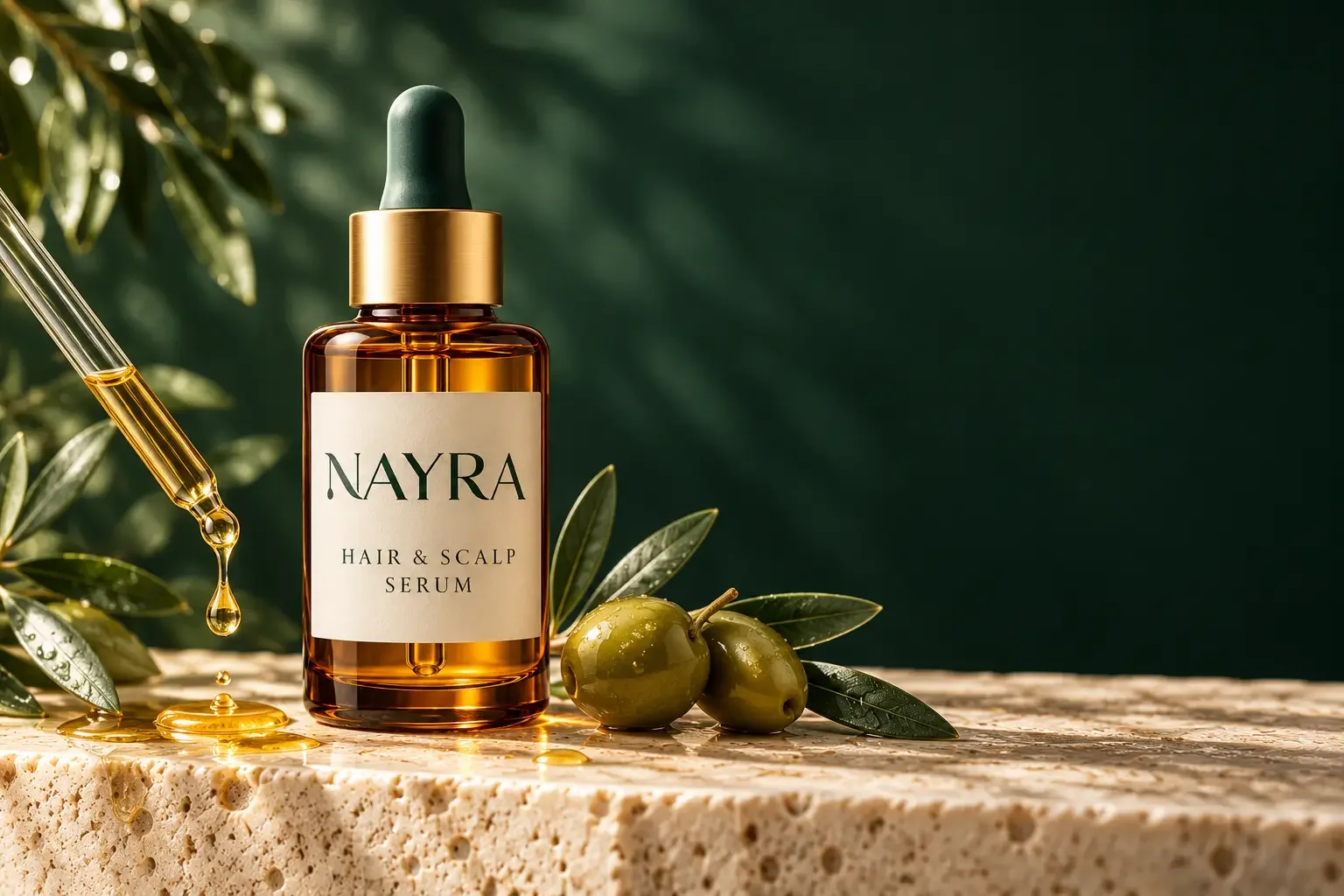 تصوّر سيروم الشعر من NAYRA بجانب زيت وأوراق خضراء