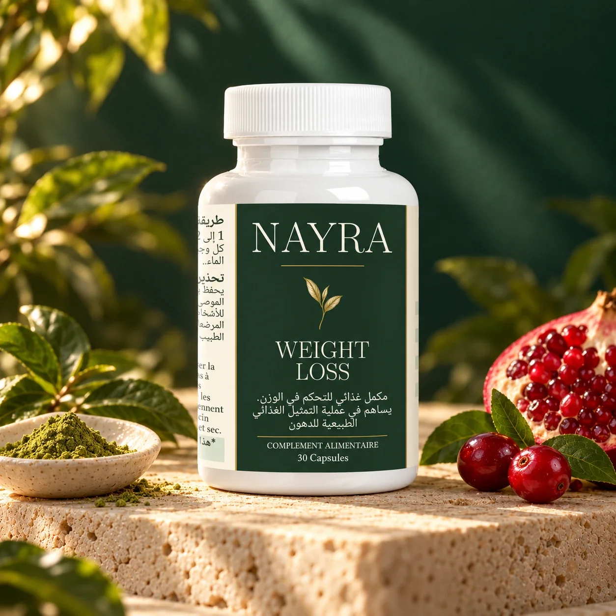 NAYRA — كبسولات الماتشا للتحكم في الوزن · 30 كبسولة