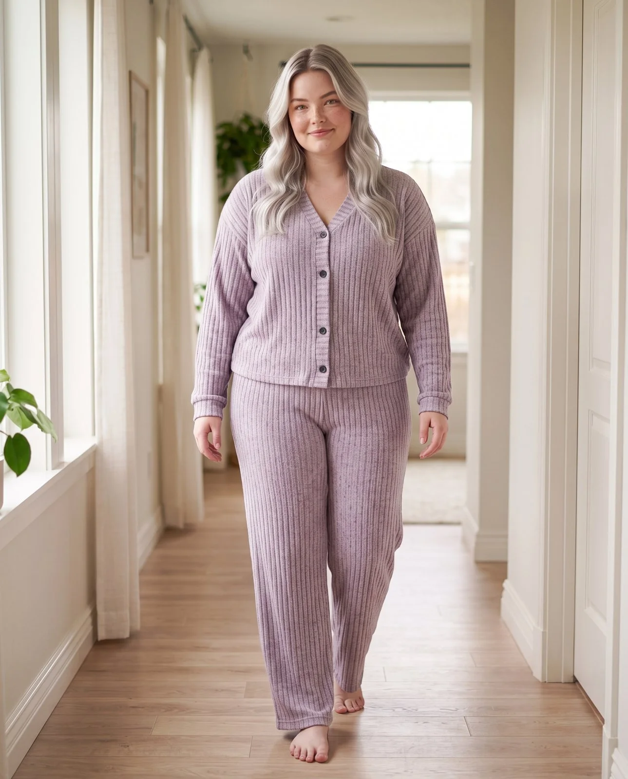 Pyjama côtelé lilas à boutons