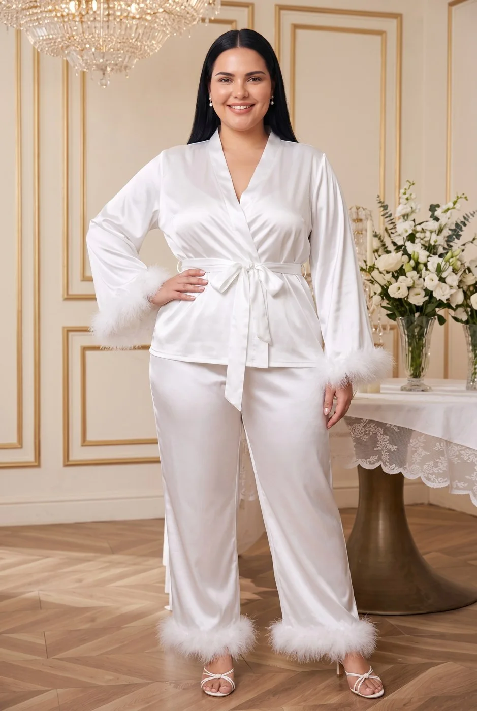 Ensemble satin blanc à plumes