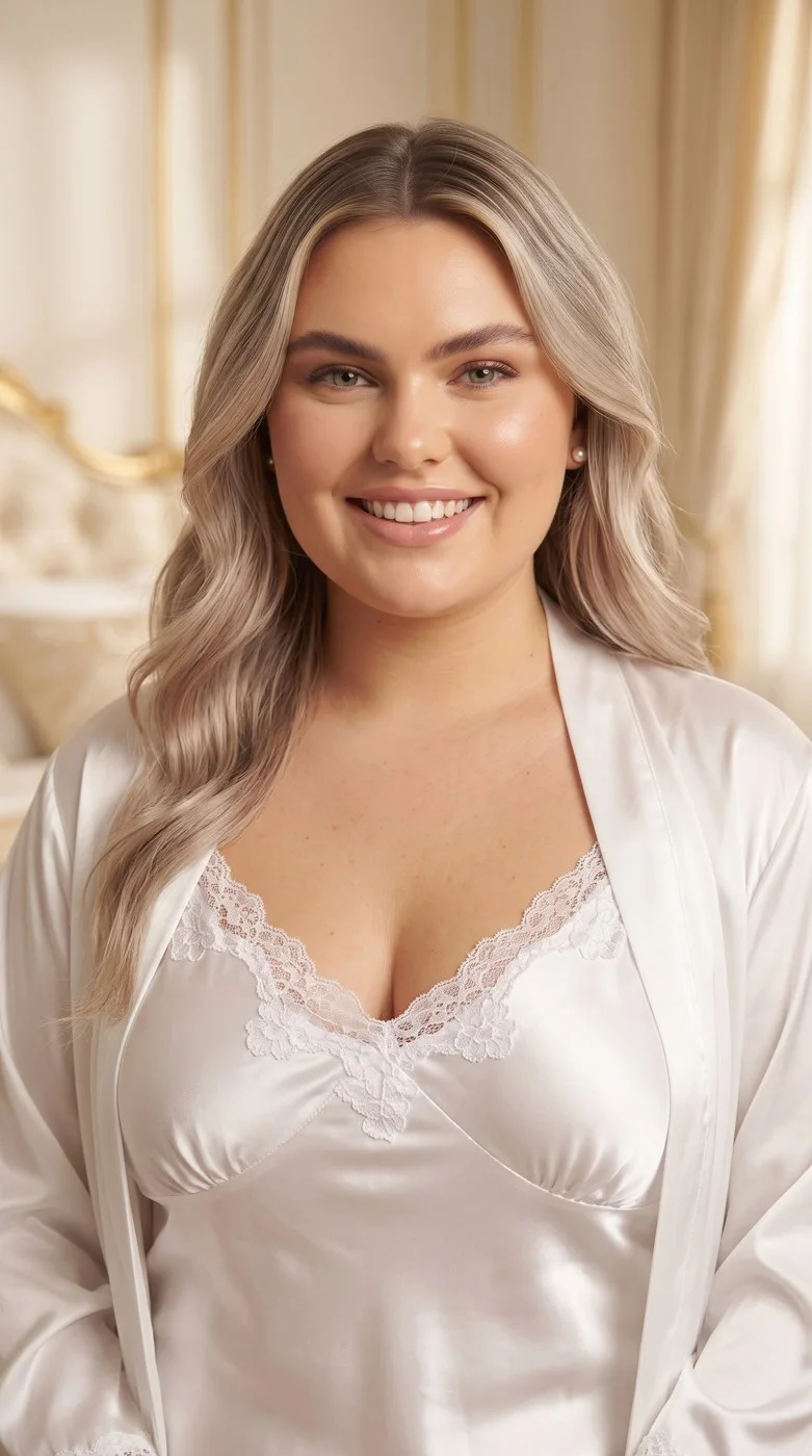 Nuisette et peignoir satin blanc dentelle