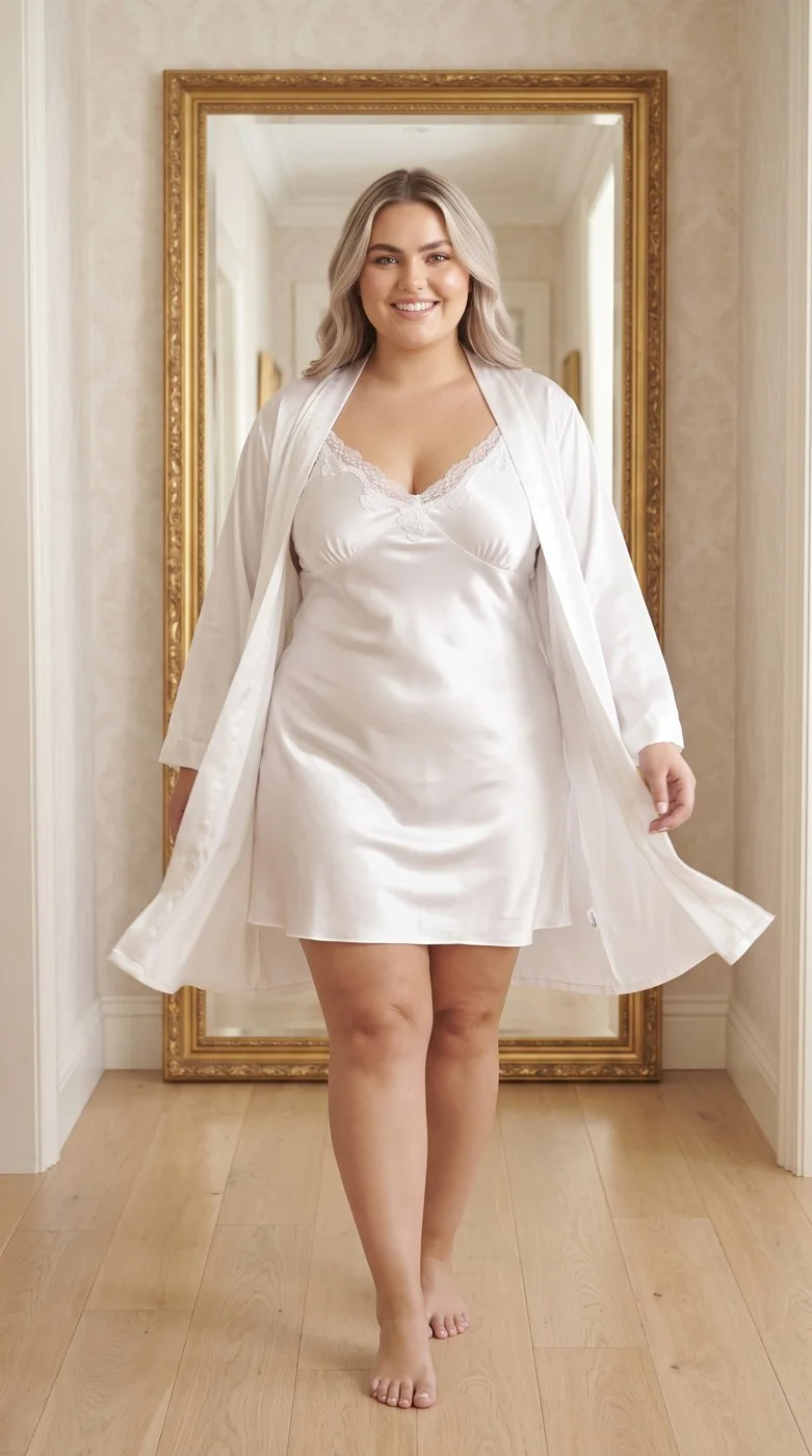 Nuisette et peignoir satin blanc dentelle