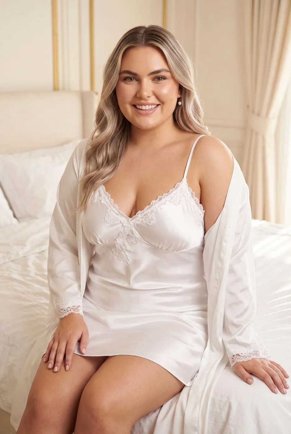 Nuisette et peignoir satin blanc dentelle