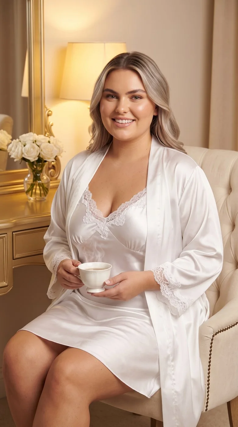 Nuisette et peignoir satin blanc dentelle
