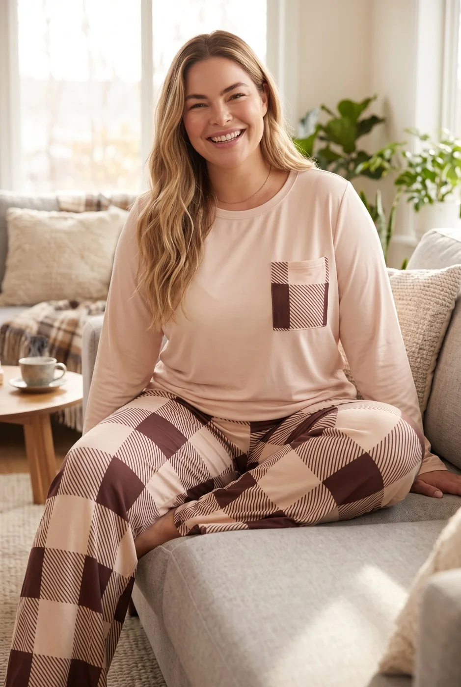 Pyjama beige et pantalon à carreaux
