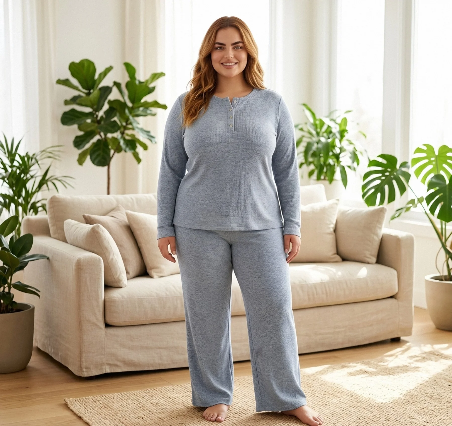 Pyjama côtelé gris-bleu à boutons