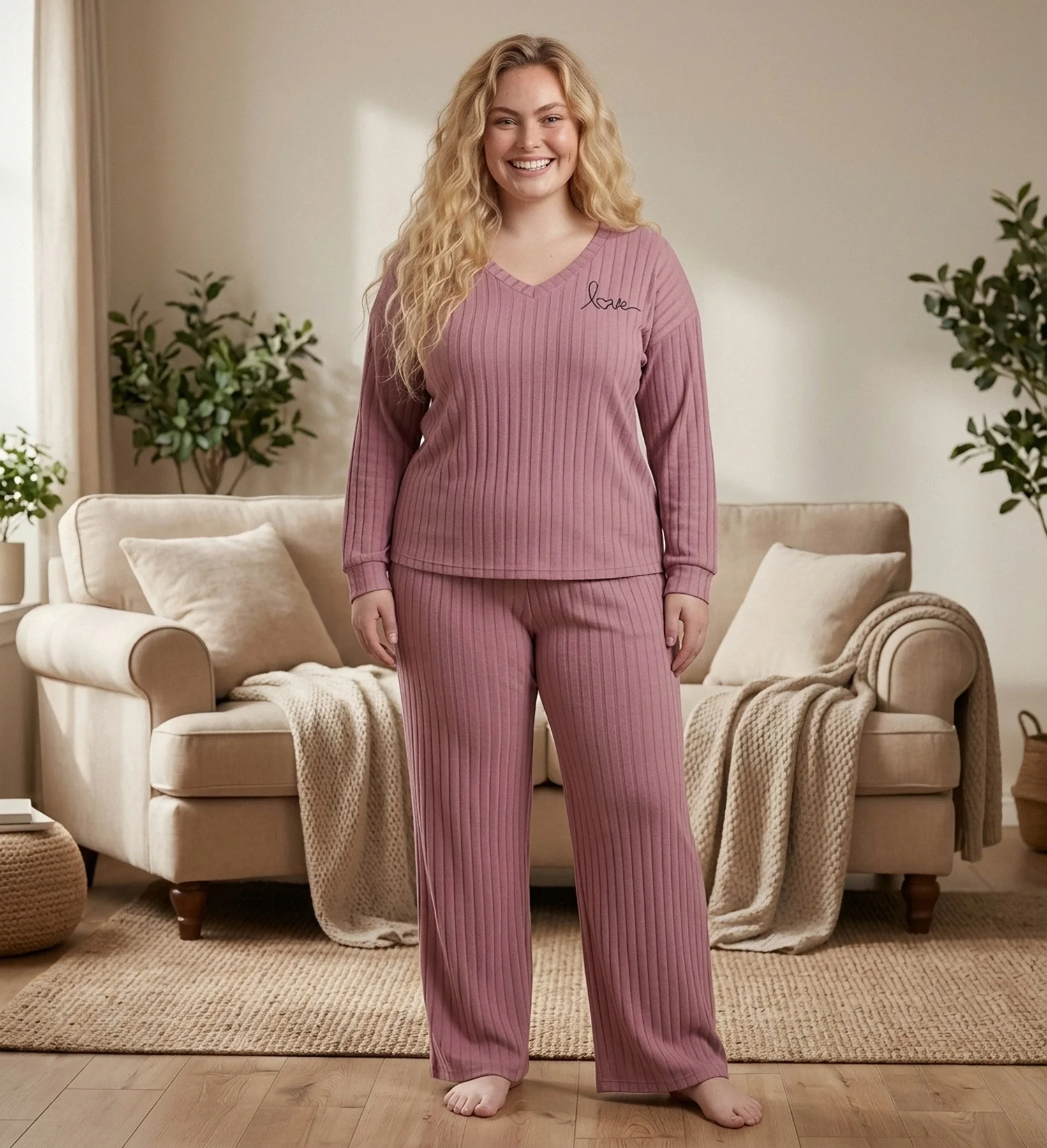 Pyjama côtelé rose Love