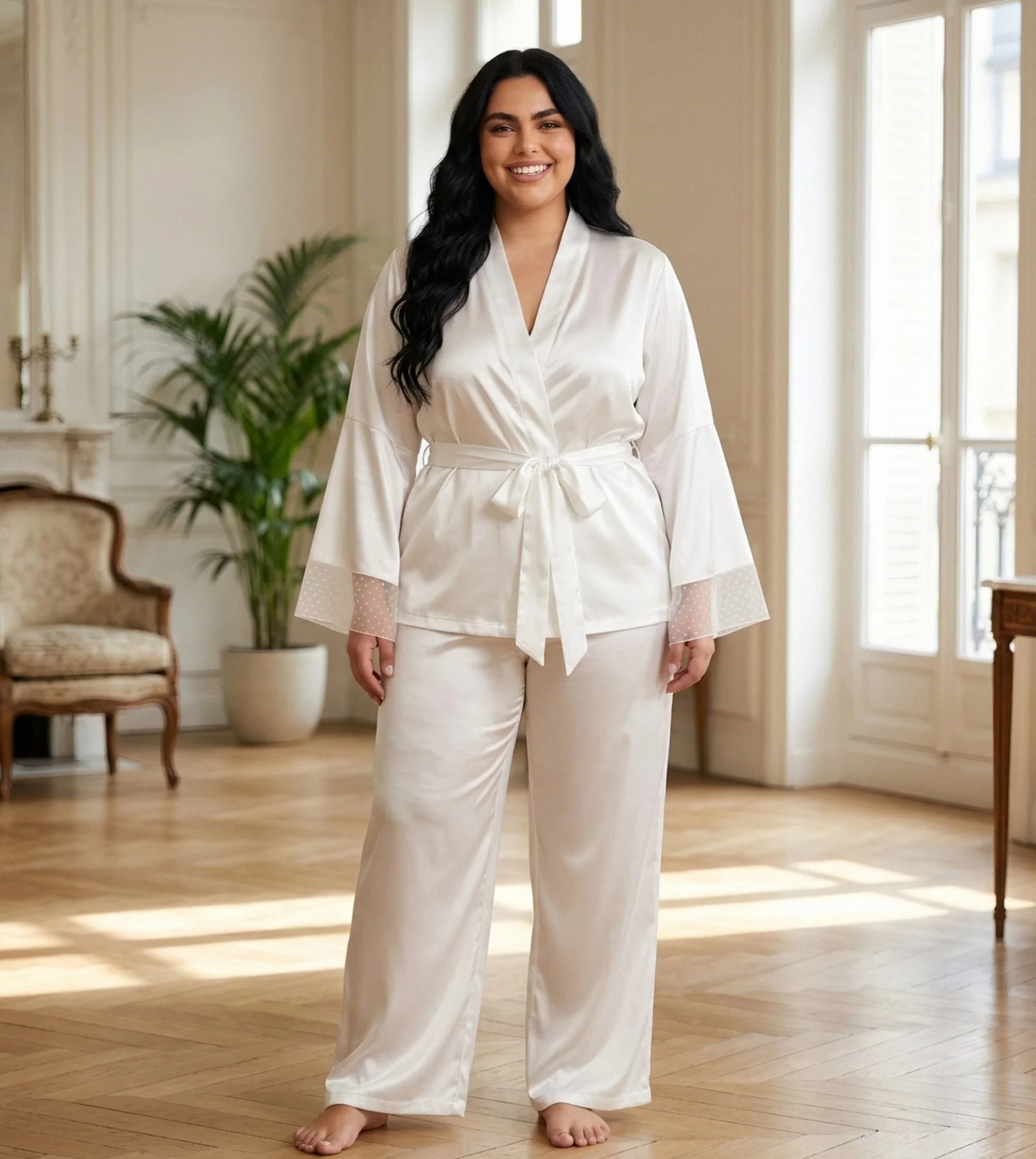 Pyjama satin blanc manches tulle