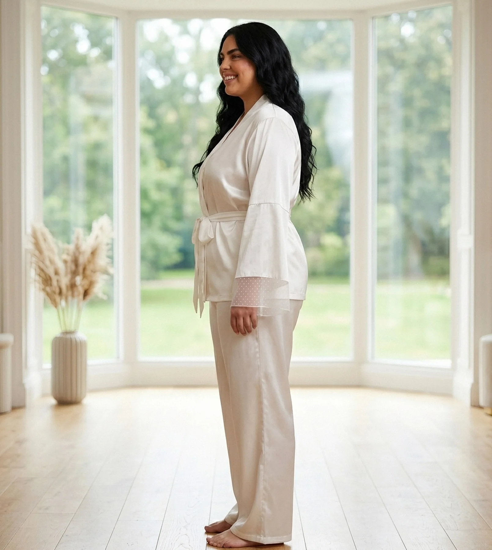 Pyjama satin blanc manches tulle