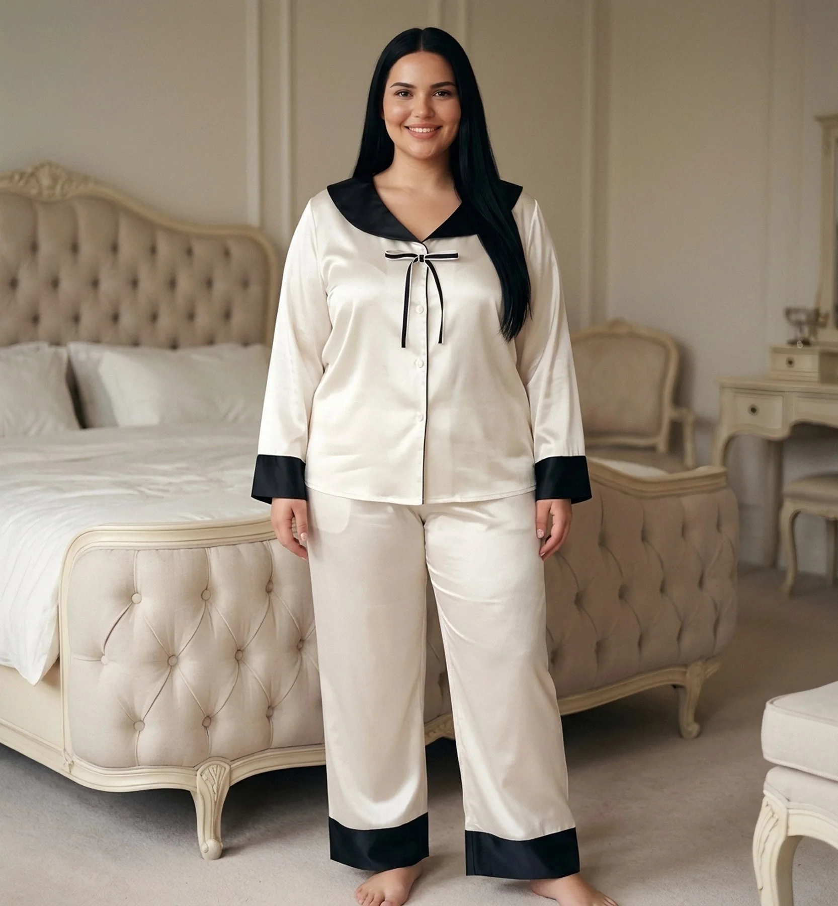 Pyjama satin blanc à nœud noir