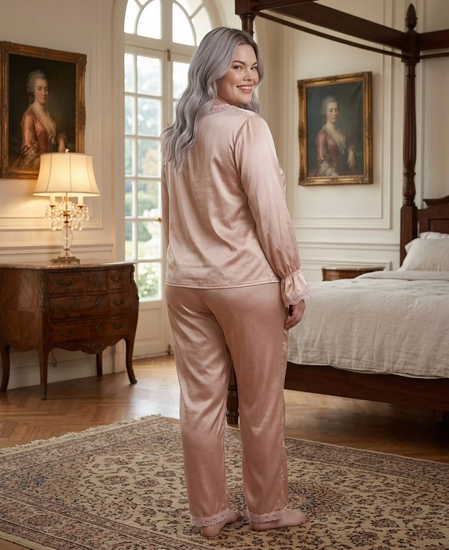 Pyjama satin rose taupe à volants